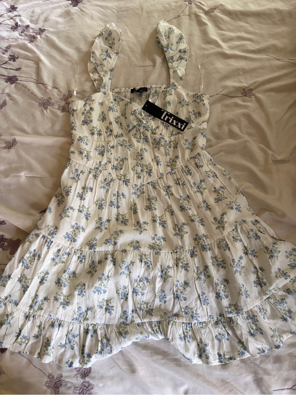Trixxi White Blue Floral Ruffle Mini Dress